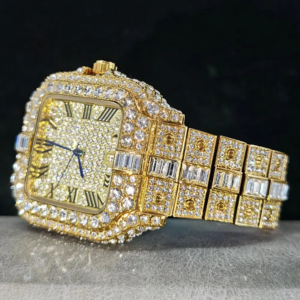 حار بيع مثلج ساعة للرجل موضة ساحة ساعة كوارتز الهيب هوب مستطيل الماس والمجوهرات ساعة معصم الرجال هدية Reloj Hombre