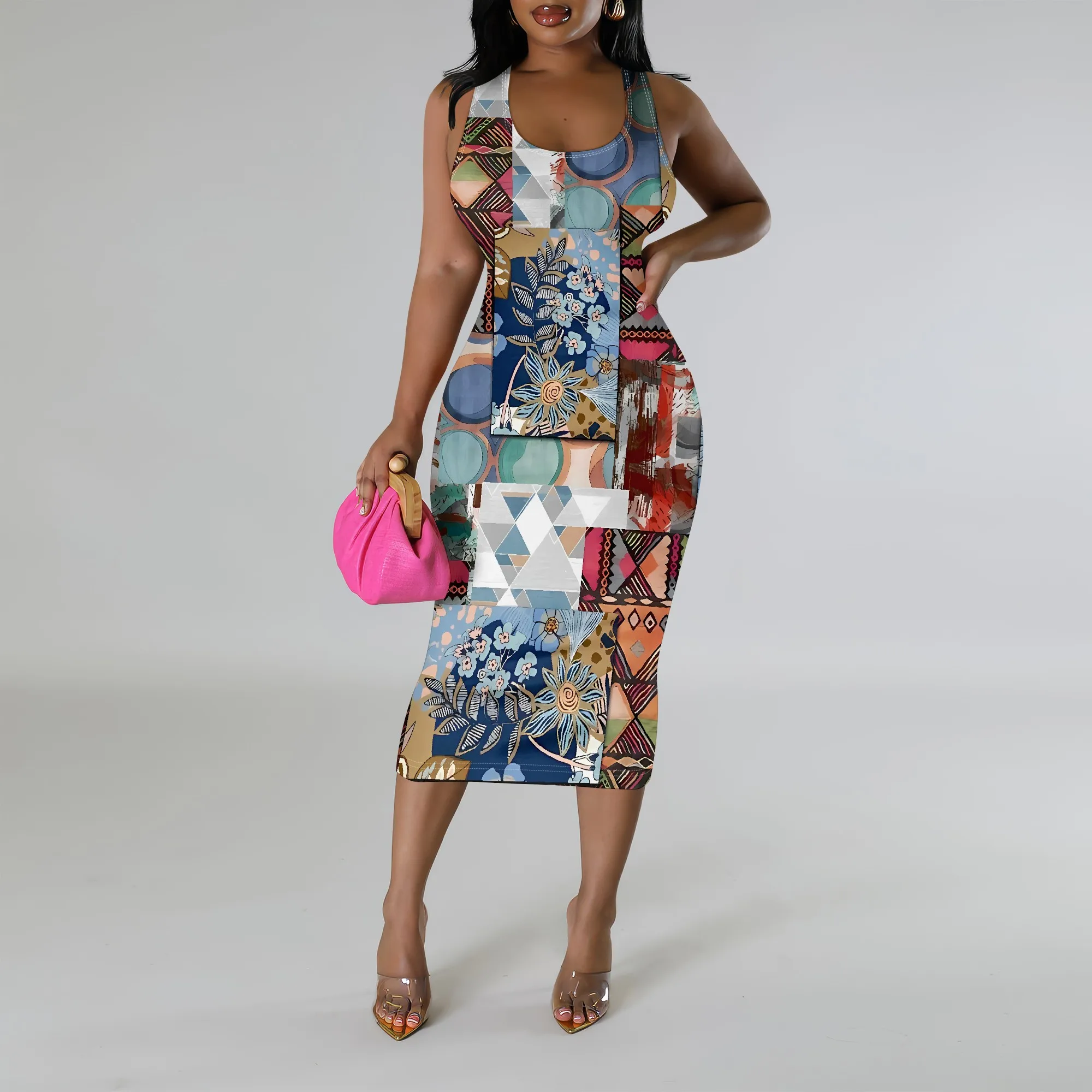 Patchwork Print Bodycon Midi Dress Sleeveless Slim Fit Boho Summer Dress