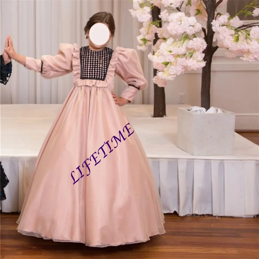 Prinzessin Elegantes langes Erstkommunionkleid mit Puffärmeln in A-Linie, bodenlang, klassisches Blumenmädchenkleid, individuell gestaltet, neu