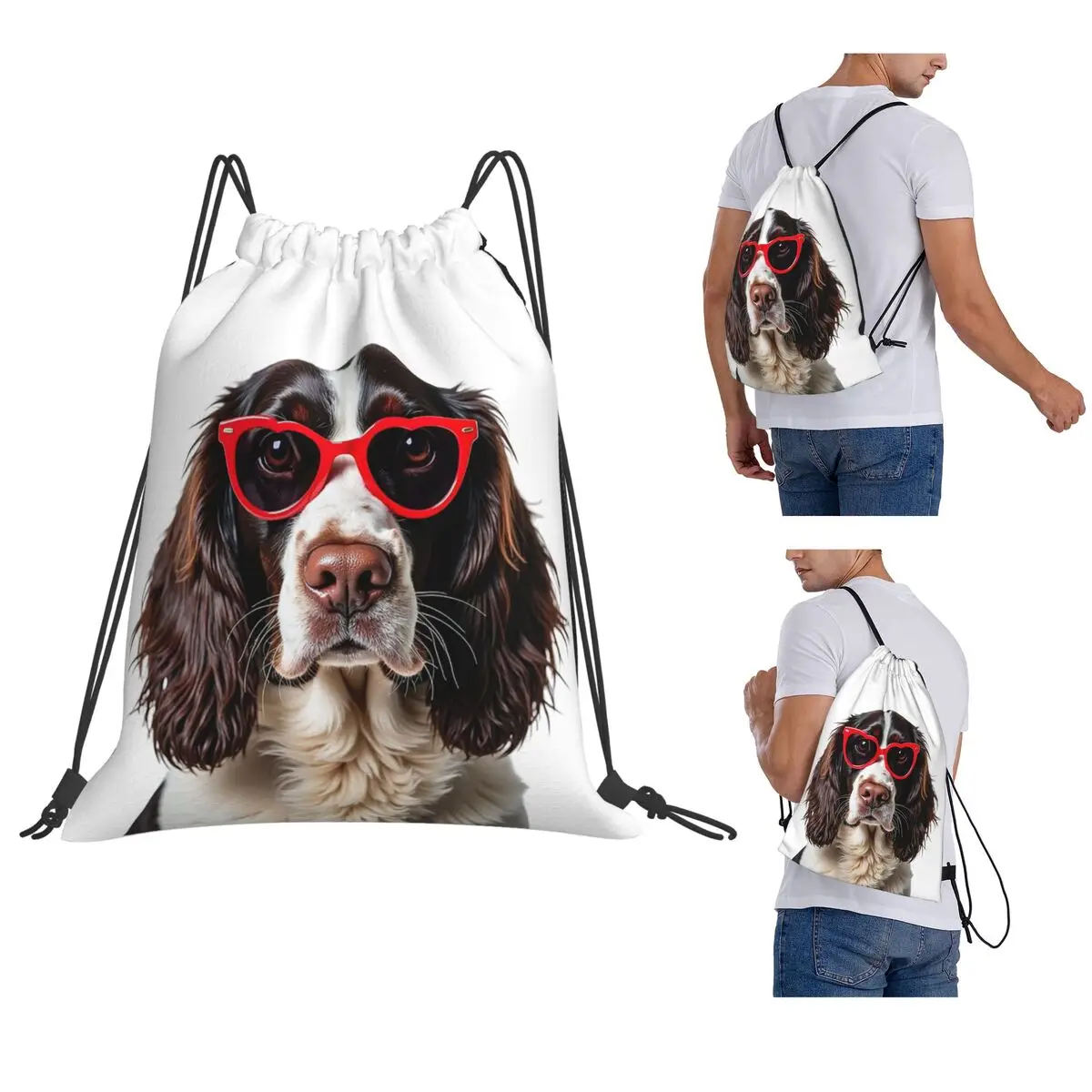 English Springer Spaniel Dog Wearing A Heart Shape Sunglasses Backpacks Fashion Drawstring Bags Storage Bag Book Bags School