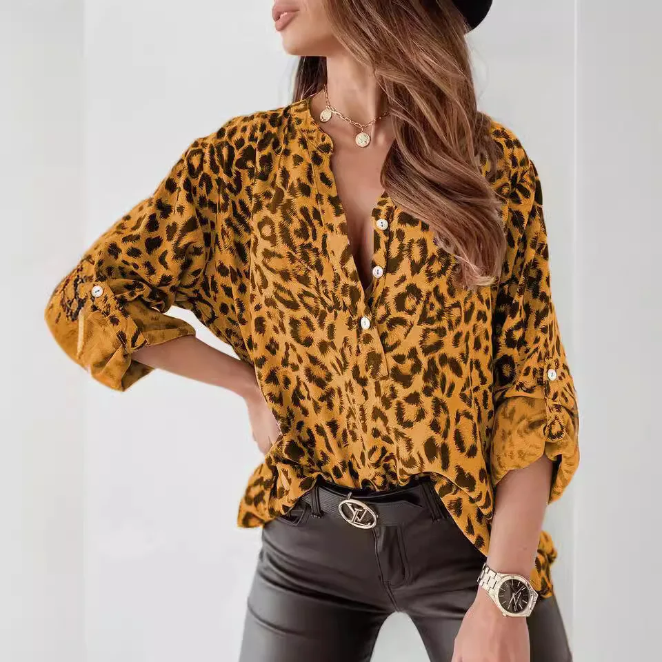 Leopard Print Blouse Women's V-Neck Button Up Long Sleeve Top Spring Autumn Office Lady Work Clothes