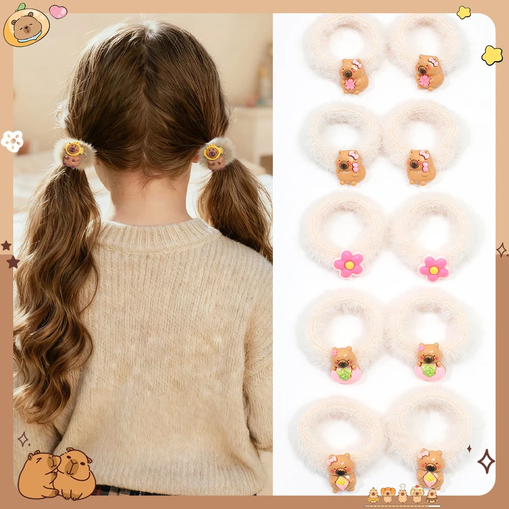 

10Pcs Cute Multi-Colored Capybara Plush Hair Ties for Girls - Soft Durable Casual Hair Ropes with Fun Designs