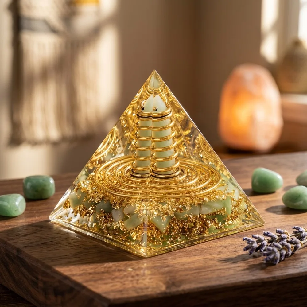 Natural Green Aventurine Orgone Pyramid, Energy Healing Crystal Decor for Office Home, Creative Gift
