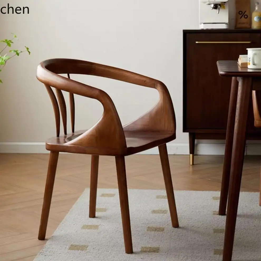 HTT Simple Modern Home Leisure Retro Study Living Room Small Apartment Armrest Solid Wood Dining Chair
