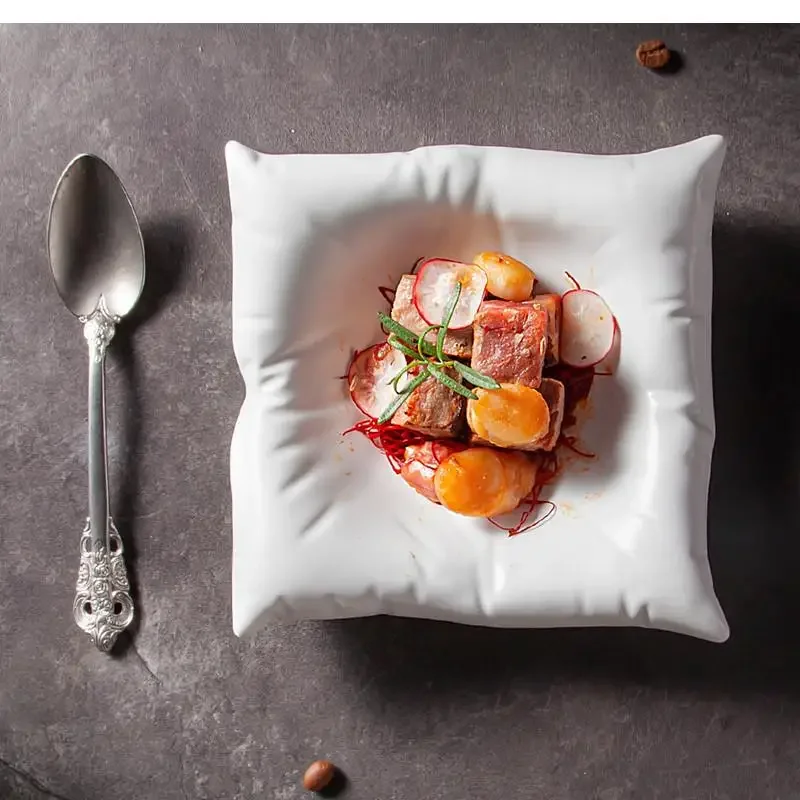 Ceramic Imitation Pillow Dinner Plate Kitchen Square Black White Dessert Artistic Definition Tableware