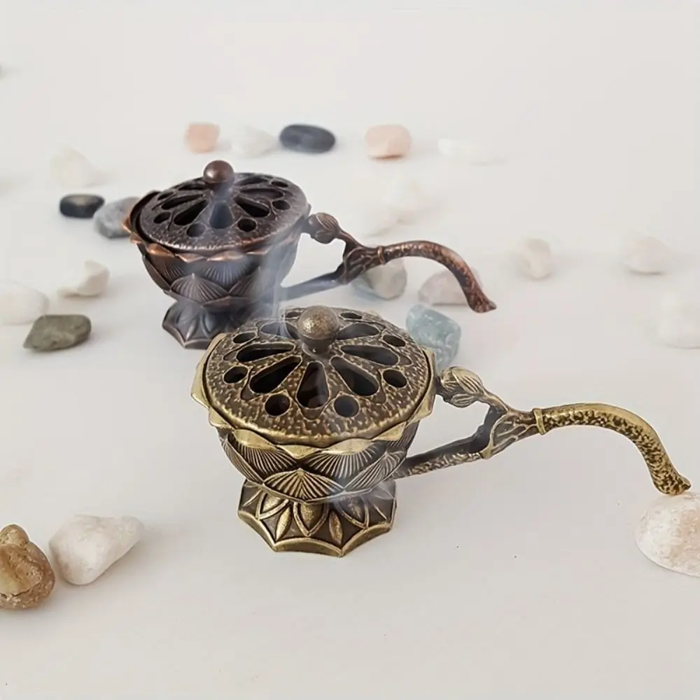 Retro Small Lotus Hand Stove with Cover Hollow Out Sandalwood Incense Burner Yoga Studio Classic Decoration