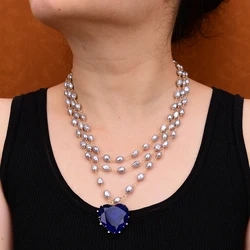 G-G 3 Rows Natural Gray Baroque Keshi Pearl Chain Necklace Blue Quartz Heart Pendant Women Gifts