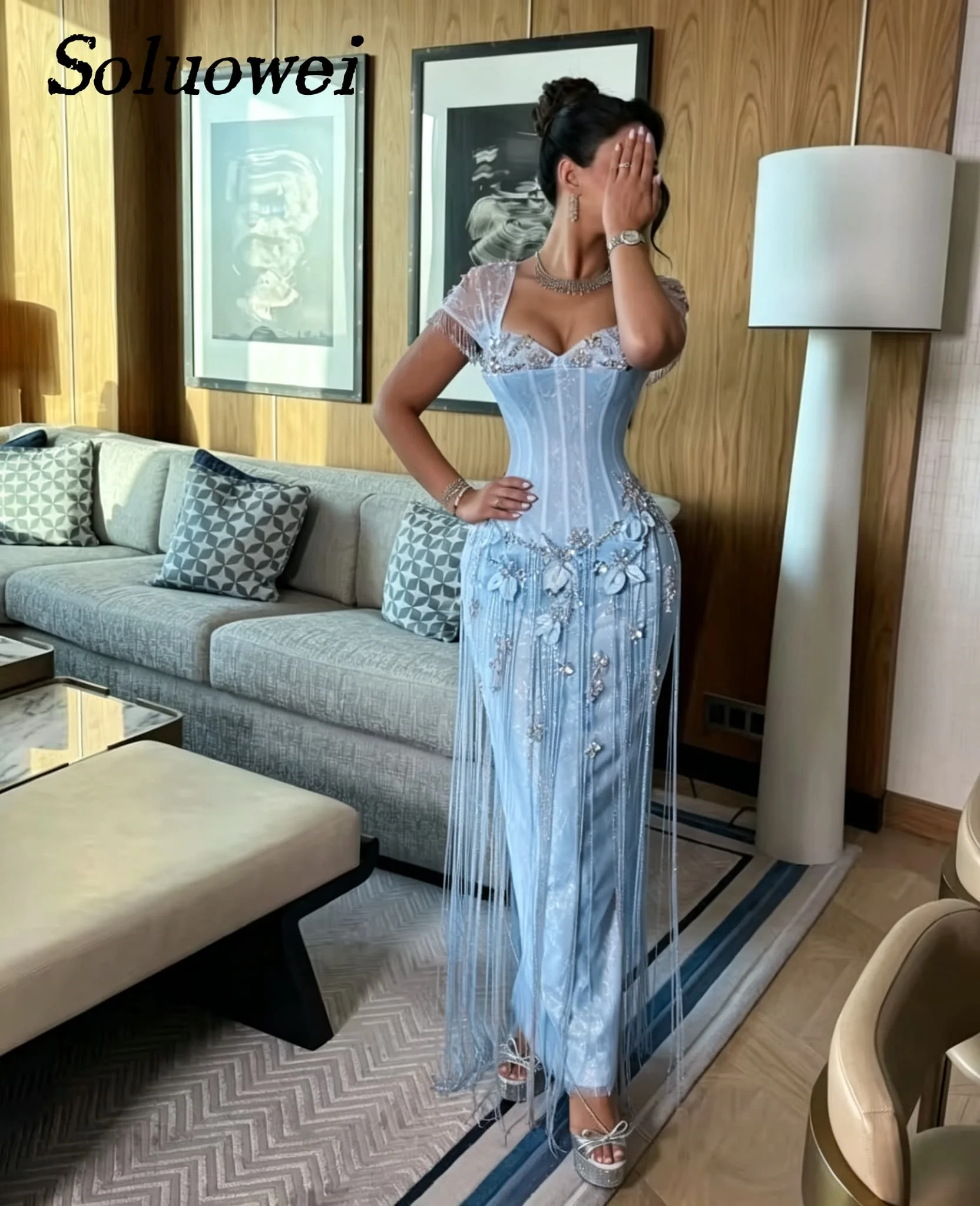 Elegant Lace Corset Prom Dresses 3D Flower Beading Long Fringe Tassel Floor Length Evening Gowns Maxi Gala Vestidos Customized