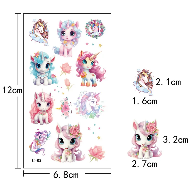 10Pcs Cartoon Fake Tattoo Stickers Cute Unicorn Animals Car Dinosaur Butterfly Temporary Waterproof Kids DIY Tattoo Stickers