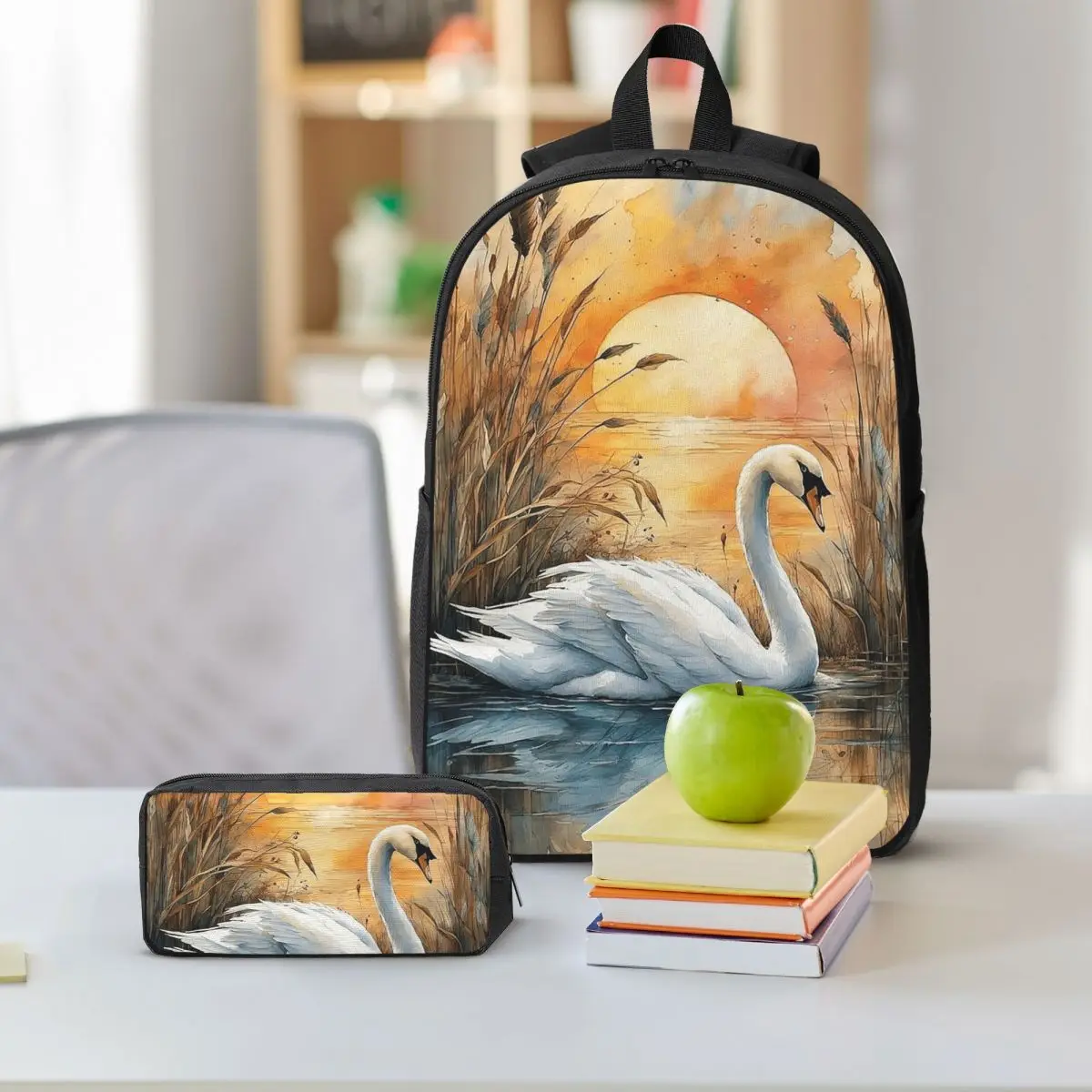 Elegant White Swan Gliding On Water Backpack Student BookBag School Bag Shoulder Bags 3ps Insulated Lunch Bag Pencil Case