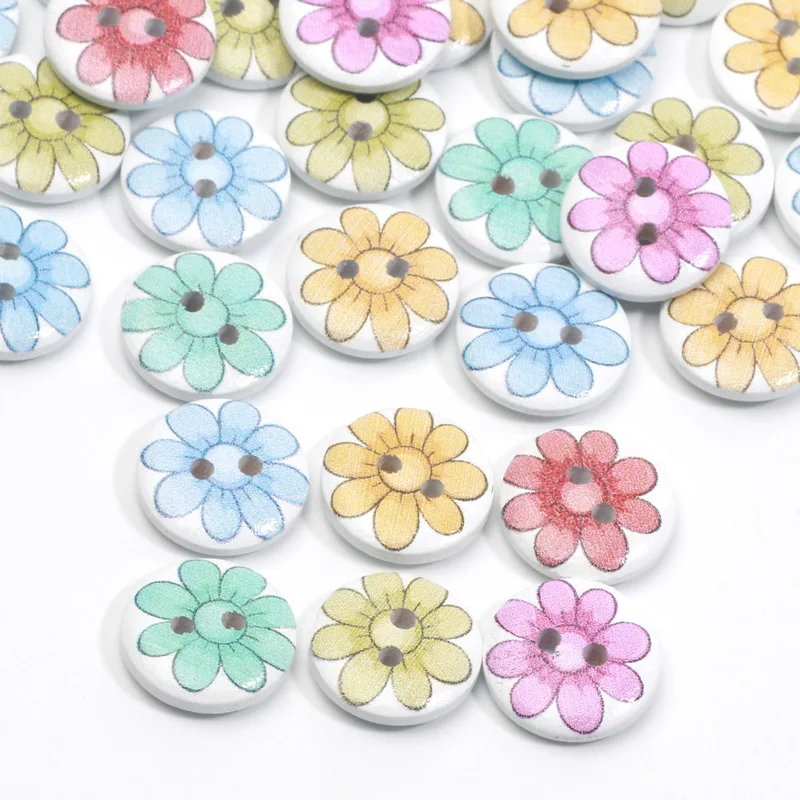 30pcs Cute Sunflower Printed 15mm 2-Holes Wooden Button for Diy Clothes Handmade Needlework Sewing Accessories Home Decorative