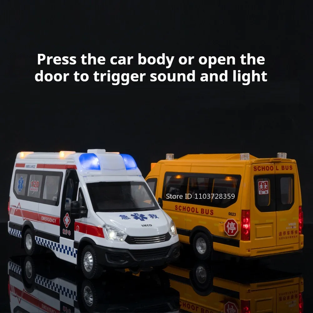 1:24 Ambulanza Modello di scuolabus Macchinine in lega pressofusa Suono Luce Porte aperte Tirare indietro Simulazione Veicolo per bambini Edutainmnt