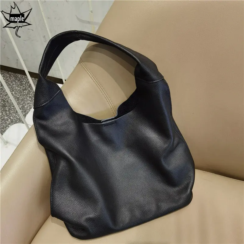 One Piece Full Grain Cowhide Leather Bucket Bag Large Kakhi Coffe Color Women Handbag High Quality Female Armpit Shoulder Bag