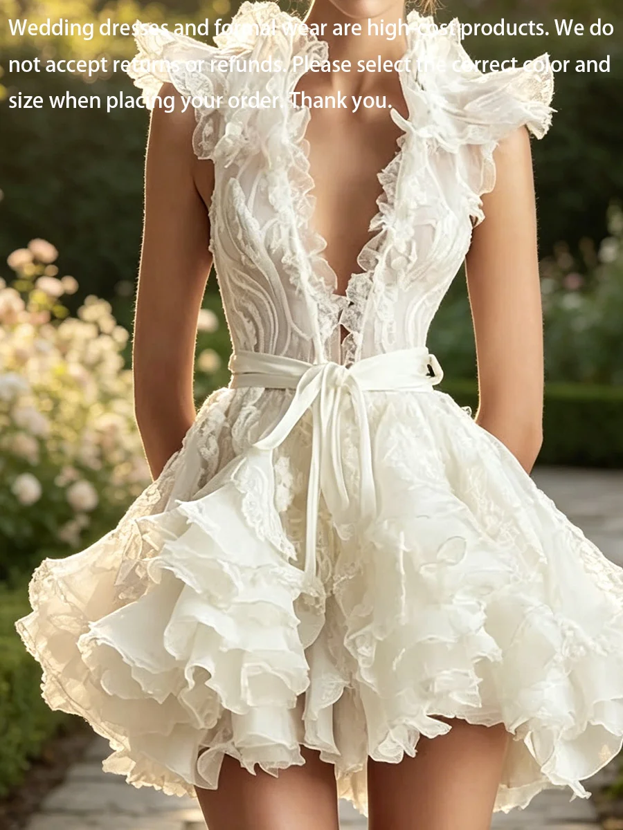 Luxury V-Neck Ruffles Sleeveless Sashes A-Line Bride Wedding Dresses Bridal Gowns Customized