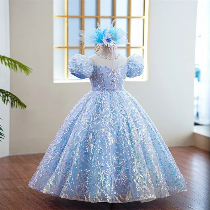 Little Girls Princess Party Dress Kids Birthday Long Puff Sleeve Gown Teen Girls School Drama Performance Dresses Evening Formal