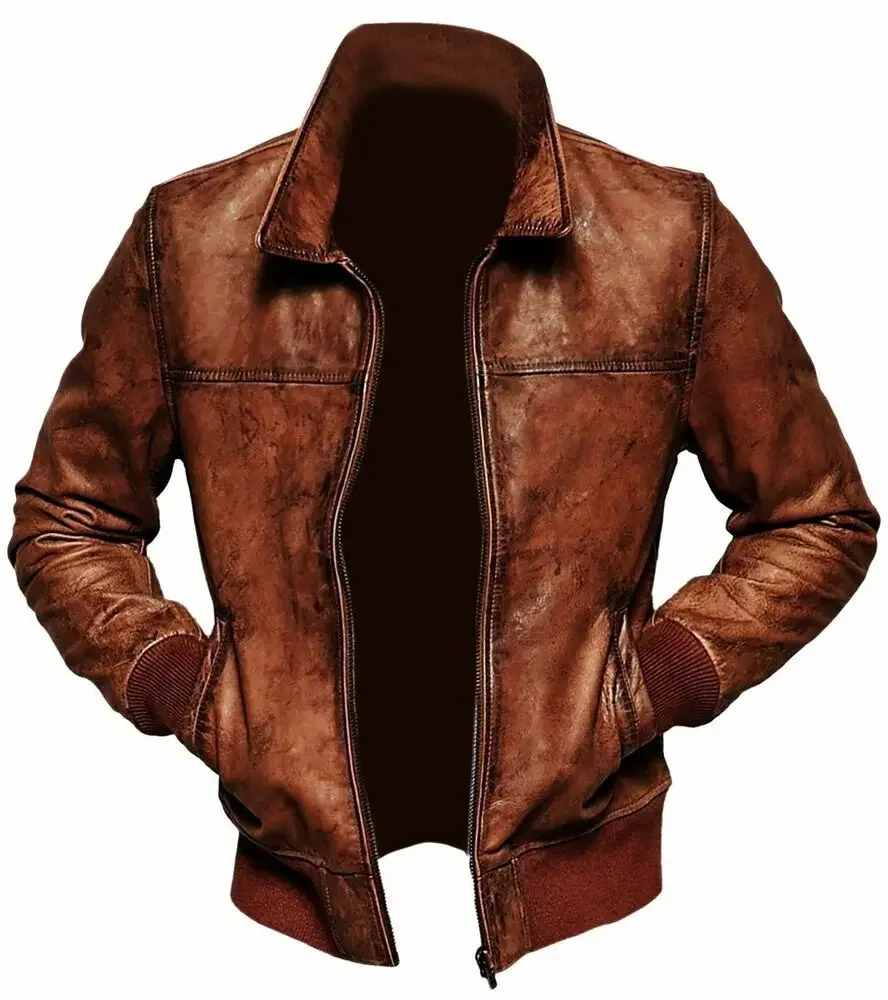 

Mens Biker Motorcycle Vintage Distressed Brown Bomber Winter Leather Jacket European and American Fashion Trends