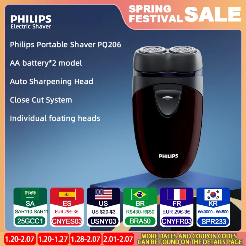 Philips shaver PQ206 Battery AA*2 portable Double cutter head independence float power-driven shaver