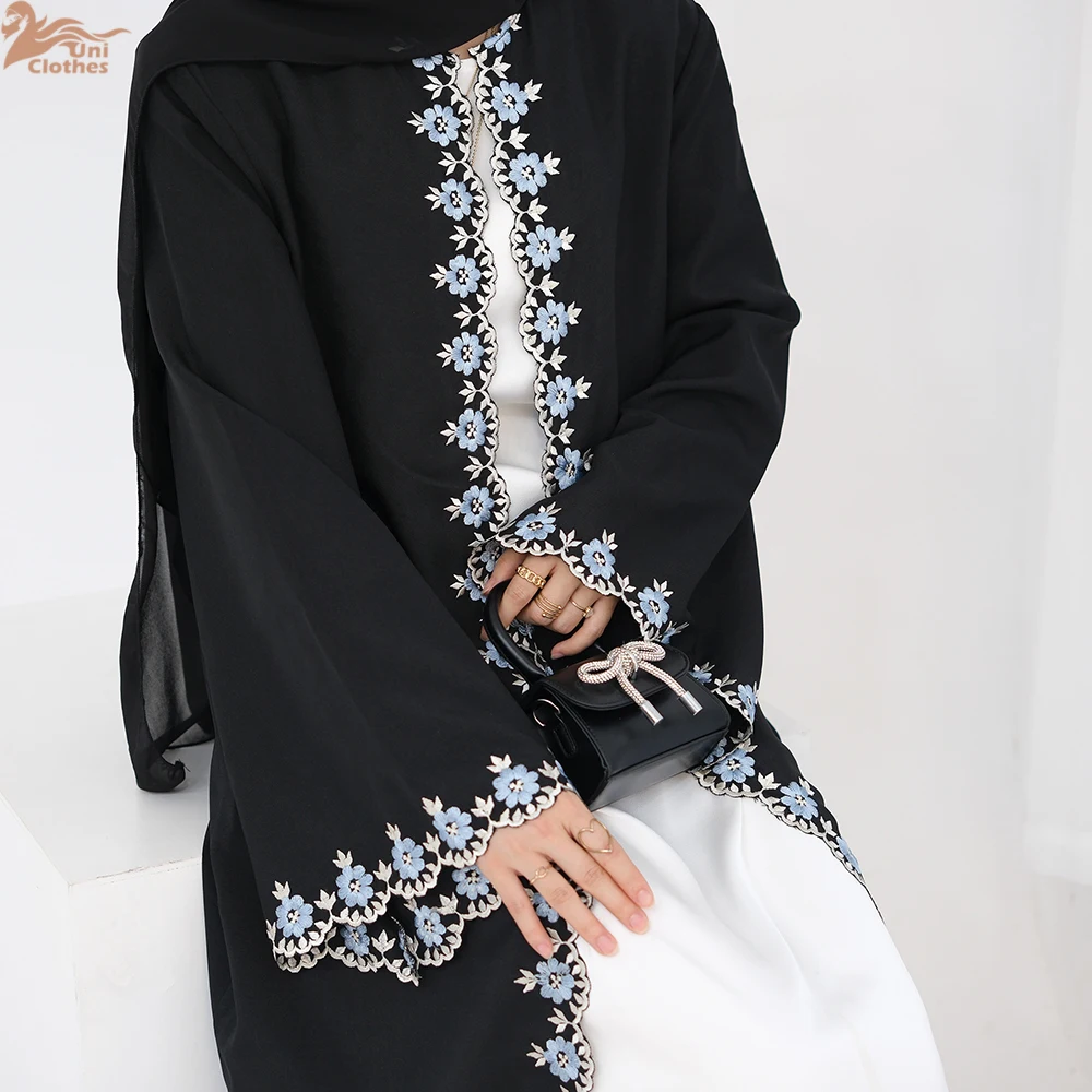 Eid Ramadan Flower Embroidery Abayas for Women Muslim Dress Dubai Open Abaya Turkey Kaftan Kebaya Caftan Marocain Femme Robe New