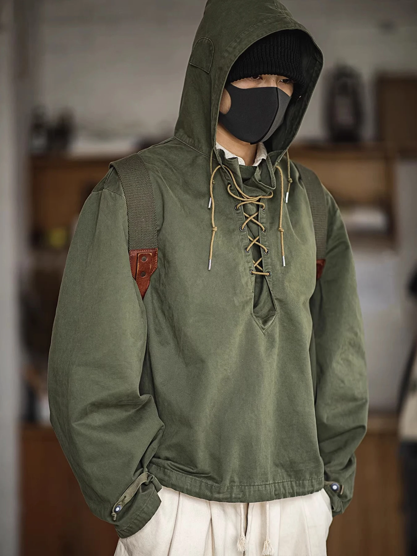 Sudadera con Capucha Estilo Parka Verde Retro Americano, Chaqueta con Capucha y Cordón Ajustable 100% Algodón Vintage para Hombre, Corte Holgado Informal para Primavera y Otoño