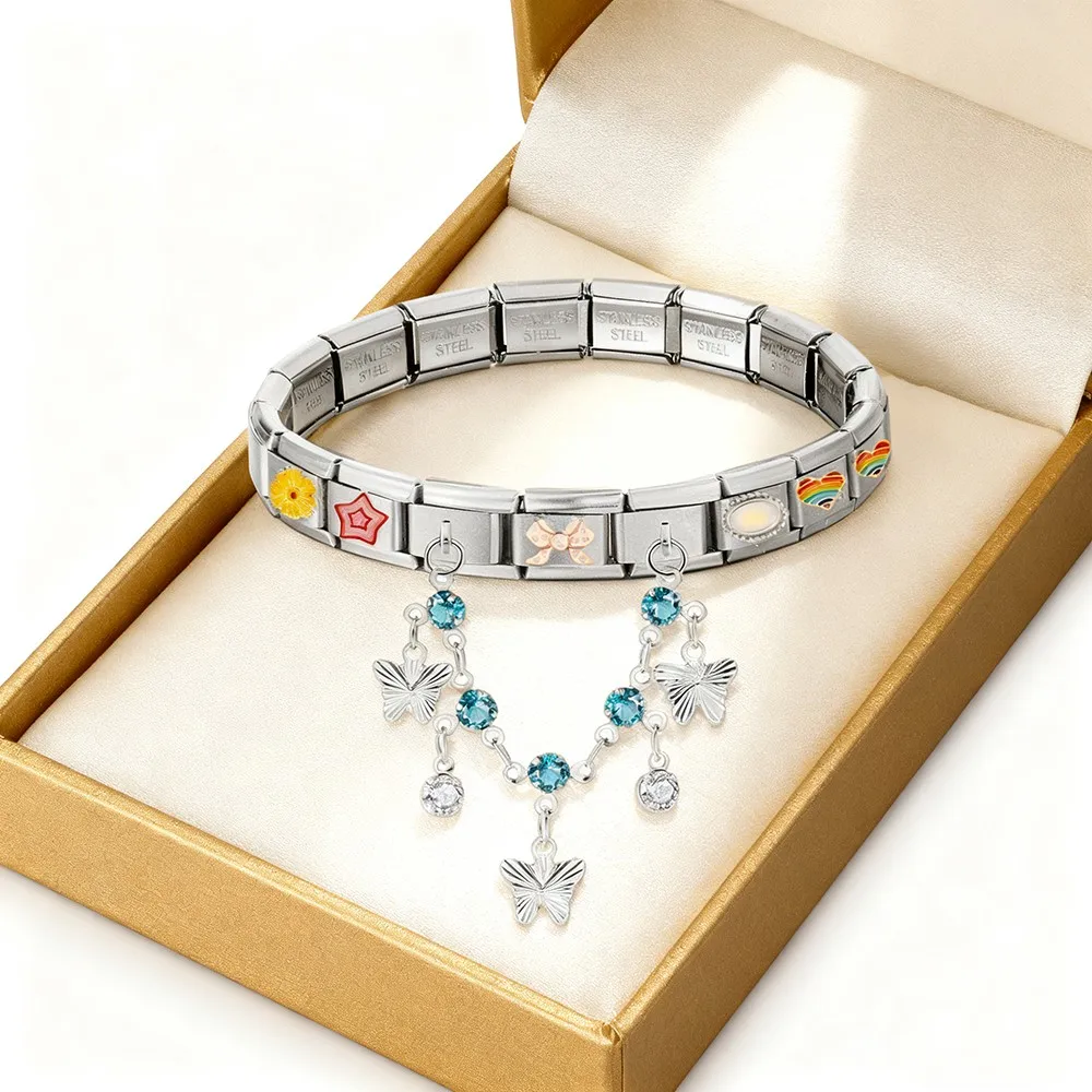 Y2K Klassische Stern-Schmetterling-Kreuz-Herz Damen-Kette, Italienischer Charm-Anhänger, passend für 9mm Edelstahl-Armbänder, Schmuckherstellung DIY – Detail 5