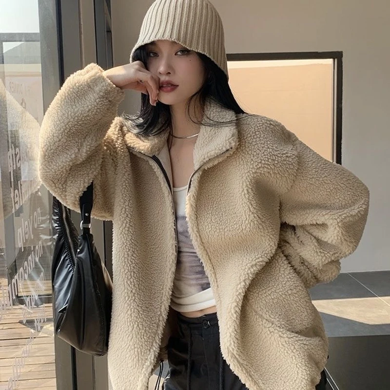 Gidyq Fashion Women Lamb Wool Jackets Korean Streetwear Thick Warm Parka Coats Winter Casual Female Zipper Loose Outwear New