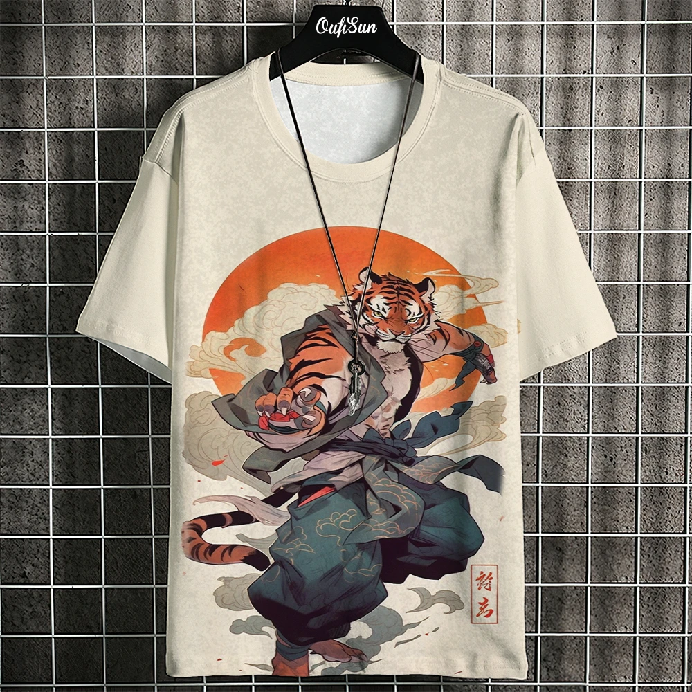 Retro Men\'s T-Shirt Animal Print Short Sleeve T-Shirt Ukiyo-E Print Oversized T-Shirt For Men Summer Quick Dry Tee Harajuku Tops