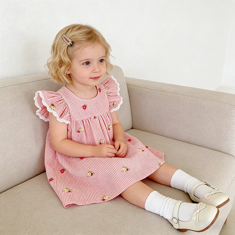 2026 Sommer 0-24M Baby Mädchen Flügelärmel Baumwolle Stickerei Baby Body 2-6 Jahre Süße Partykleider Schwesterkleidung – Detail 22