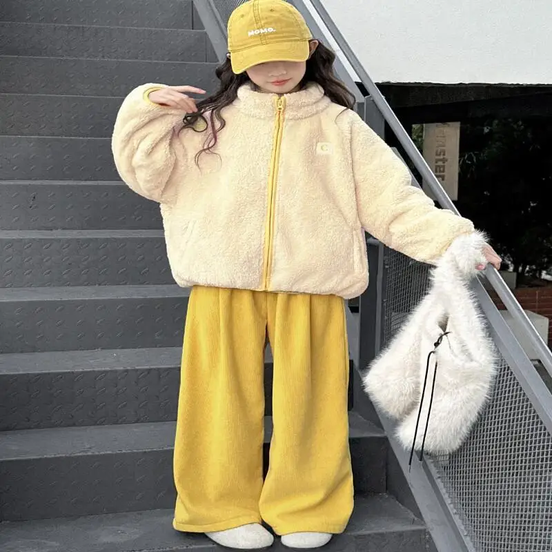 Kawaii معطف غير رسمي مجموعة موضة 2 قطعة ملابس الأطفال 2025 مبطن الملابس في الهواء الطلق مجموعات الفتيات معاطف الاطفال فتاة الشتاء الكورية