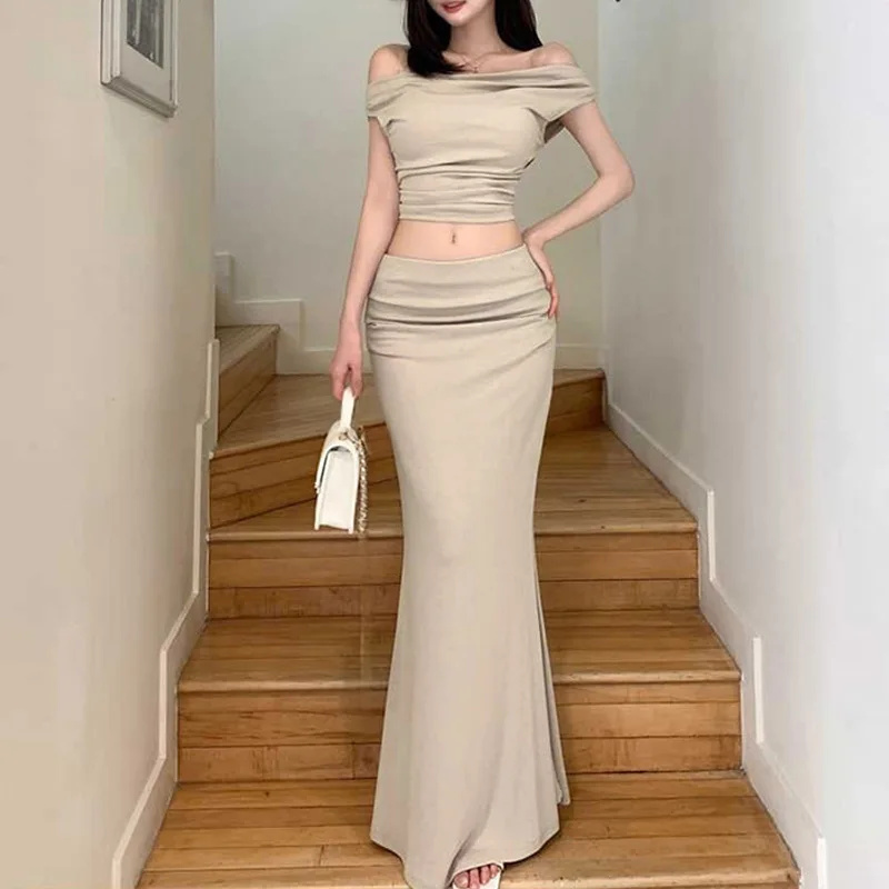 Korean  Slim Fit Sexy Bodycon Pure Desire Style Top + Bodycon Mermaid Skirt Two-Piece Set For Women Skirts Set Fashion AUT9
