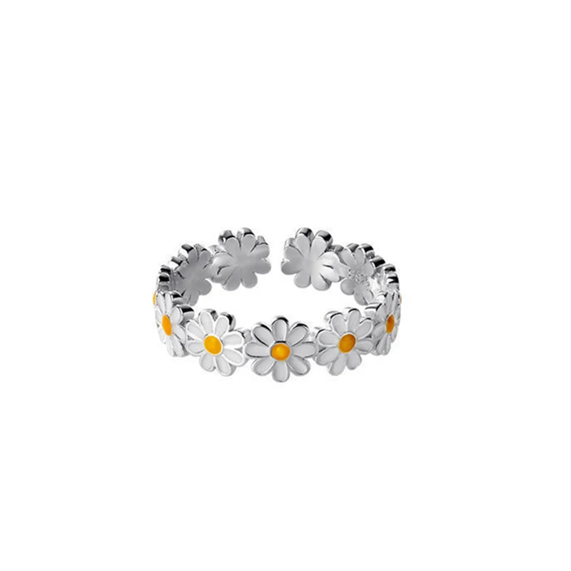 Wholesale Cute Silver Plated Daisy Ring Enamel White Flower Adjustable Finger Rings For Women Girls Gifts