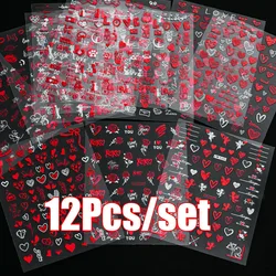 12Pcs/set Red Heart Valentines Nail Stickers 3D Bronzing Red Love-Heart Nail Decal With Sexy Red Lips/Hollow Heart Nail Slider