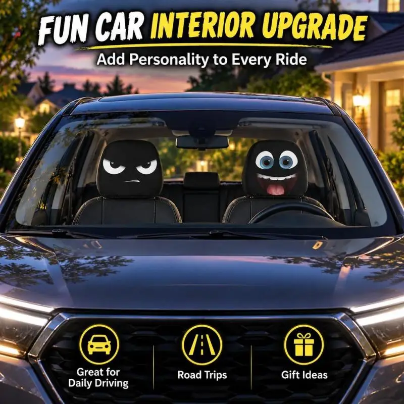 2Pcs Cartoon Expression Car Headrest Covers 2D Printed Mad Happy Face Car Interior Accessories