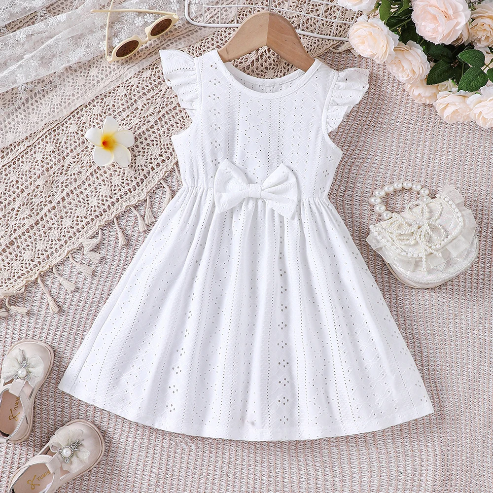 Girls' Summer Fashion Hollow Bow Pure White Dress