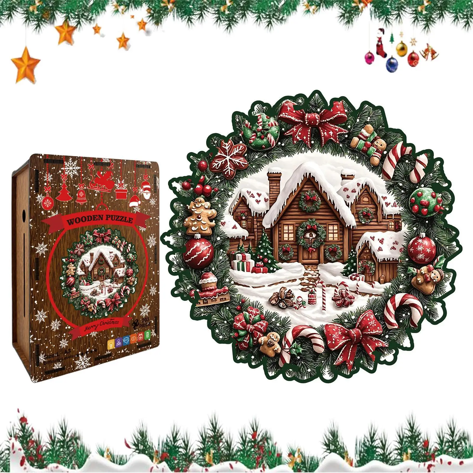 Puzzles For Adults Christmas-Themed Interactive Wreath Design Christmas Wooden Wreath Jigsaw Puzzle For Men Women Boys Youth