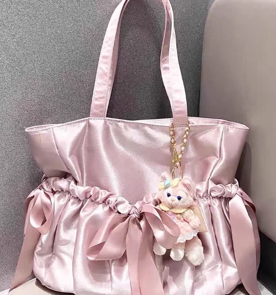 2024 New Spring Autumn Ladies' Hangbags Satin Japanese Style Pleated Bow Shoulder Bag Sweet Cute Large Capacity Bags for Women