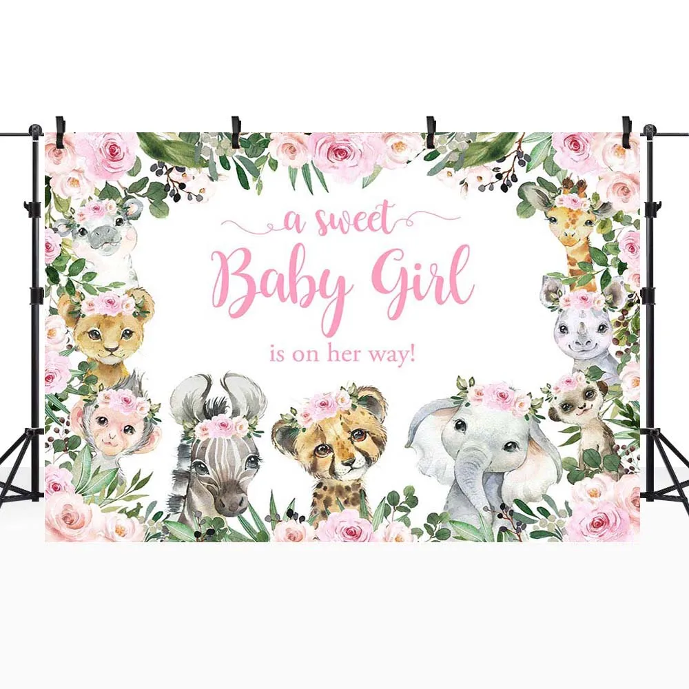 Mocsicka cenário de chá de bebê, uma doce menina está em sua maneira, animais da selva, fundo fotográfico, safari, festa de aniversário, decoração personalizada