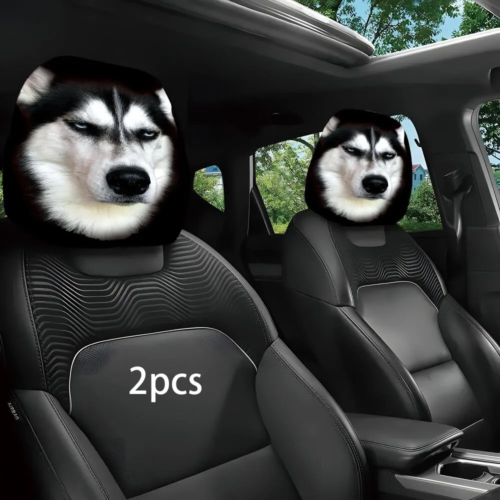 2Pcs Husky Headrest Covers with Funny Skeptical Face, 2D Printed Elastic Universal Car Seat Headrest Protector
