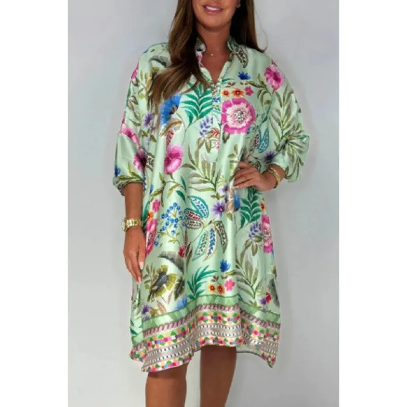 Vintage kwiatowy Print damska sukienka 2025 letnia nowa z długim rękawem do kolan koszula sukienka Boho sukienka na wakacje luźna na co dzień Vestidos