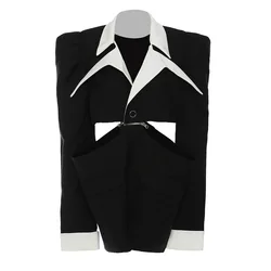 High-class fashion hot girl fried street niche design detachable split waist leakage black long sleeve suit jacket autumn