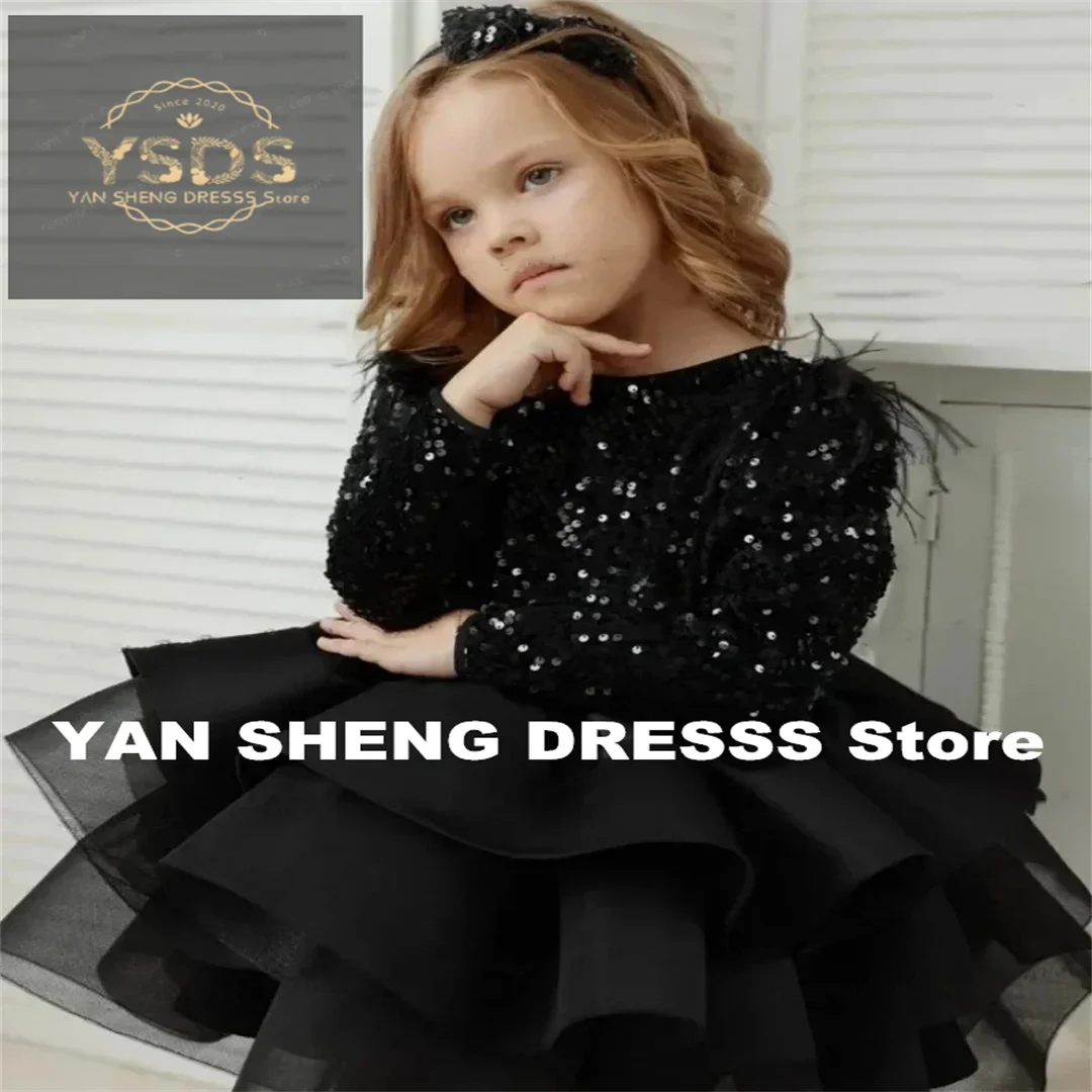 Princess dress Feather Sequins Knee Length Girl Kids Birthday Party Lovely First Communion Gowns Black Flowers for Wedding