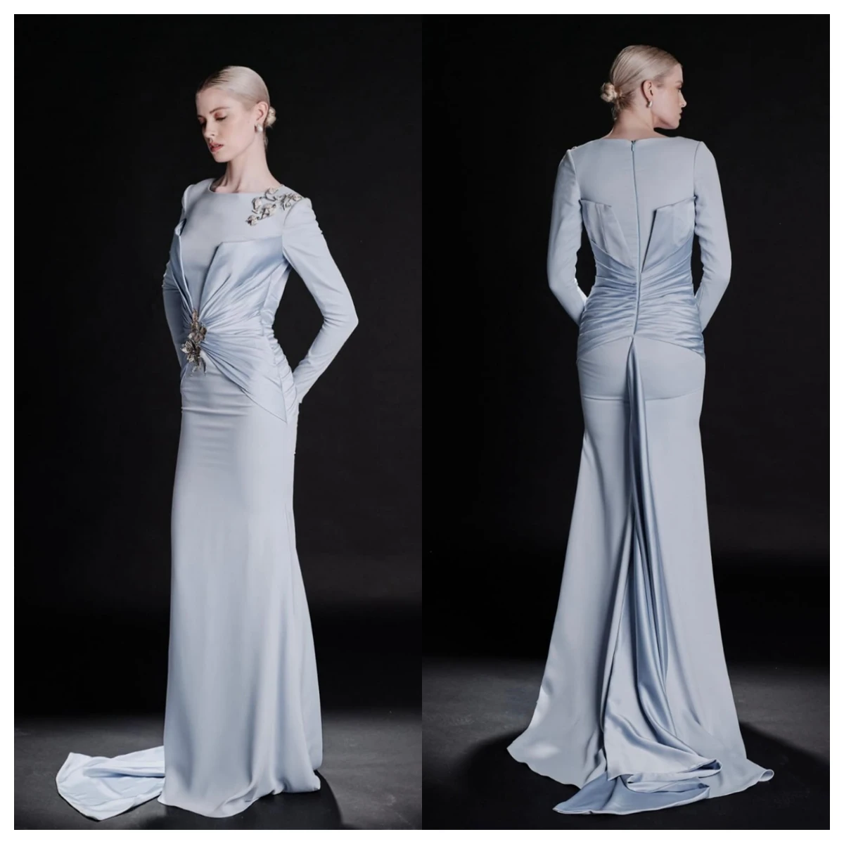 

Customized Elegant Blue Jersey Evening Dress O-Neck Long Sleeves Celebrity Gowns Bespoke Occasion Gowns Zipper Back Appliques