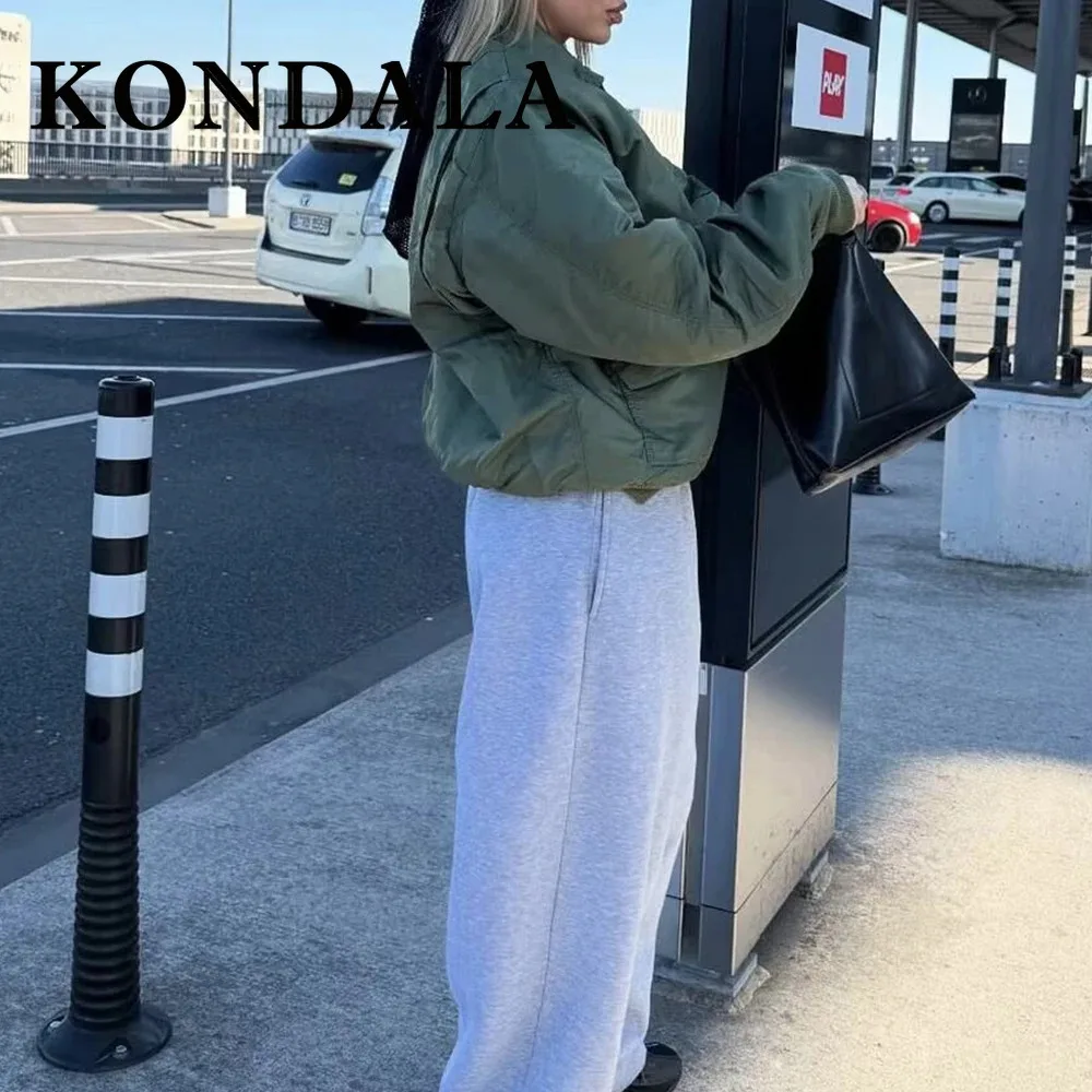 KONDALA Chic 2025, Herbst Winter Frauen Motorrad-stil Jacke Zipper Tasche Lose Warme Grüne Mäntel Mode Lässig Weiblichen Outwear
