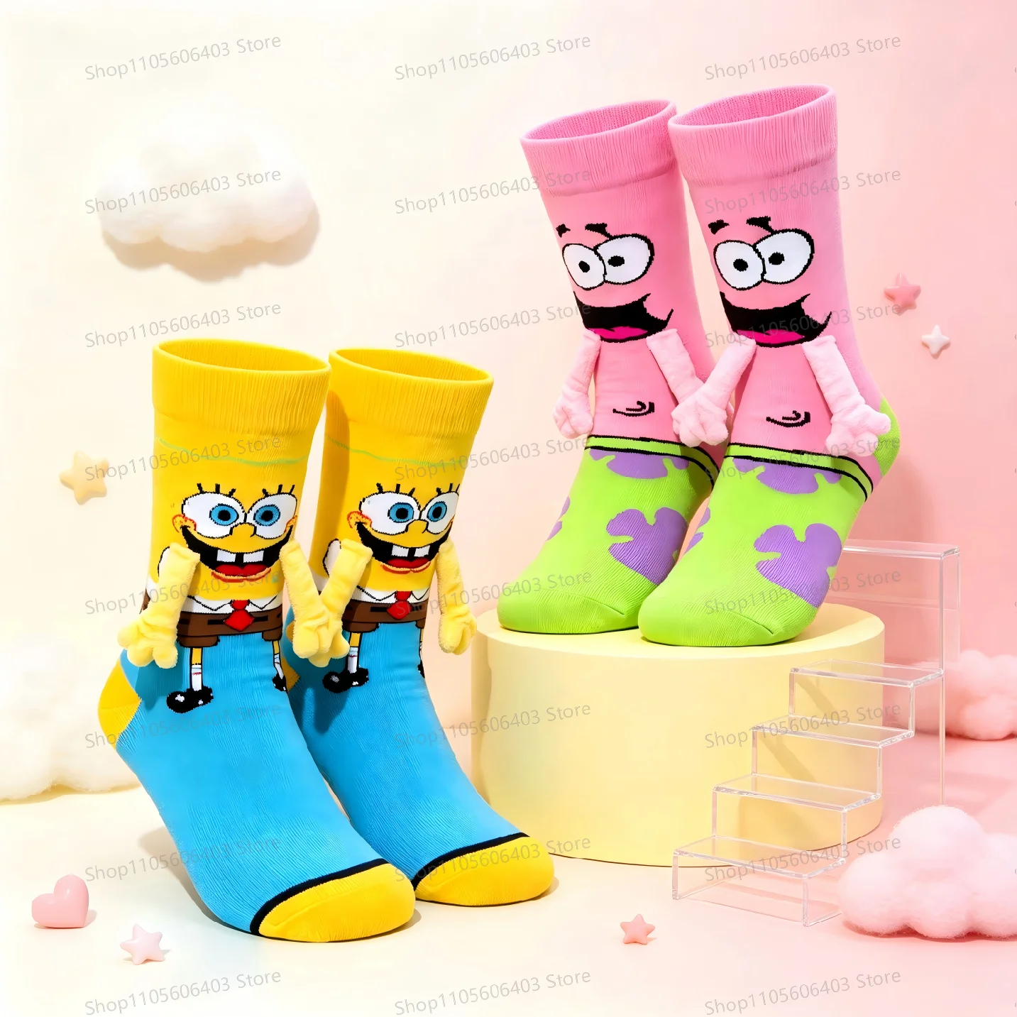 3D Yellow Sponge Series Socks Interactive Small Hands Interesting Cartoon Soft High Elasticity Cotton Socks Daily Wear Cosplay