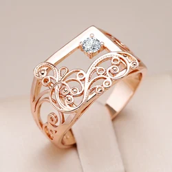 Kinel Vintage 585 Rose Gold Color Square Big Ring for Women Natural Zircon Glossy Metal Ethnic Bride Trend Daily Jewelry