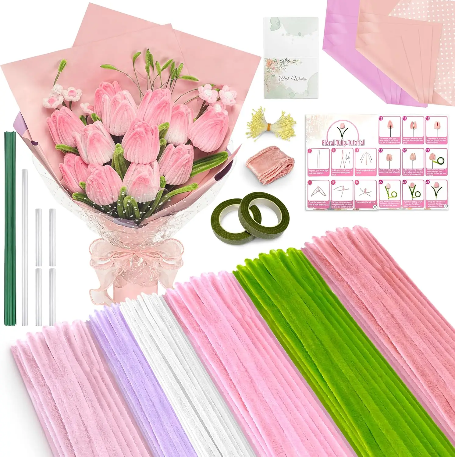 500 PCS Pipe Cleaners Craft Kit, Chenille Stems for DIY Flowers with Instruction Paper and Stamens, Art Supplies