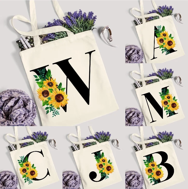 Bolso de hombro de lona Beige con flores personalizado, bolso con estampado de girasol para desplazamientos diarios y compras