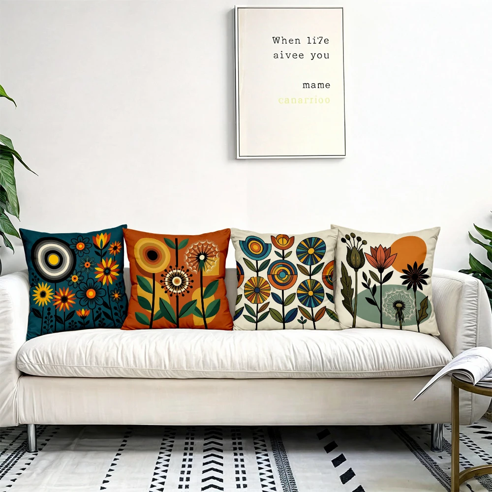 4pc Mid Century Modern Floral Throw Pillow Covers Set of 4  Boho Botanical Decorative Pillowcases for Couch Sofa Bed