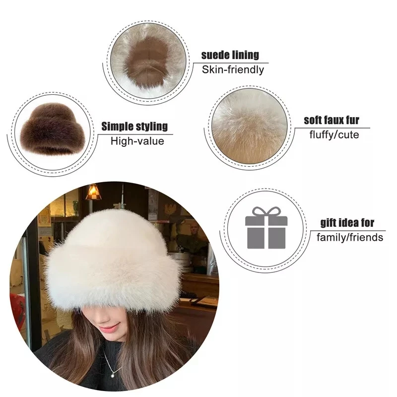 Winter Ladies Soft Plush Faux Fur Bucket Hat Thick Warm Furry Fisherman Cap Windproof Hat For Street Travel Cold Days Outfit image 6