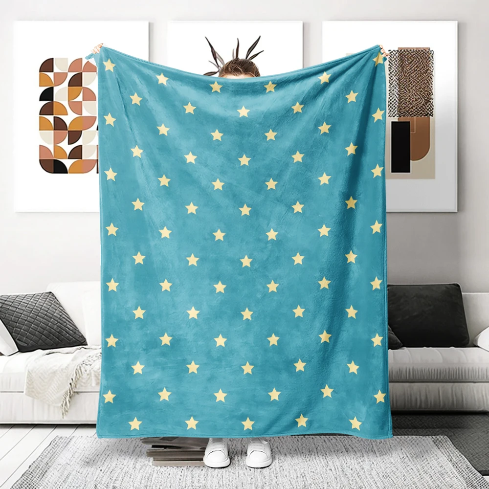 Blue Cream Stars Grid Cute Flannel Fleece Throw Blanket Soft Plush Bed Couch Cover Perfect Gift for Women Girls Kids