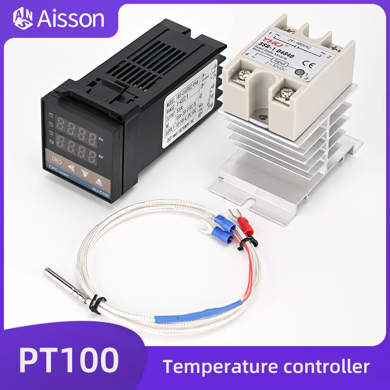 REX-C100 PID Temperature Controller AC110V-240V with SSR-40DA PT100 Thermocouple Heat Sink Universal Input Relay or SSR Output